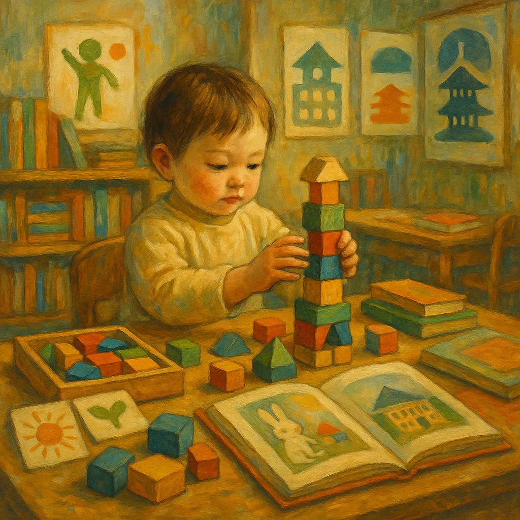 株式会社日研教育学院の1歳3か月『知能つみき』と香川大学附属幼稚園